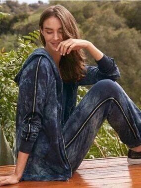 Johnny Was Calme Andie Blue Tie Dye Stripe Sleeve Full Zip Hoodie Sweatshirt